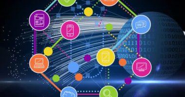 Arka plandaki dünyanın dört bir yanındaki dijital simgelerle bağlantı ağının animasyonu. küresel teknoloji, dijital arayüz, bağlantı ve ağ konsepti dijital olarak oluşturulmuş video.