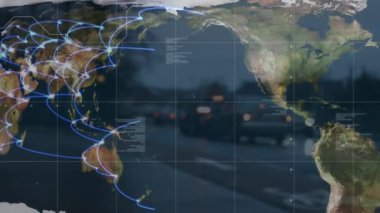 Animation of data processing over network of travel connections on world map and traffic. global travel and network of connections concept digitally generated video.
