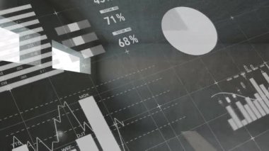 Animation of financial data processing and statistics recording on grey background. global finances, business and connection concept digitally generated video.