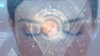 Animation of globe with networks of connections over woman's face. digital interface, global technology and networking concept digitally generated video.
