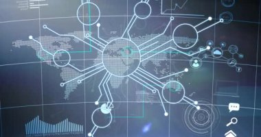 Arkadaki dünya haritası üzerinden bağlantı ağının animasyonu. küresel teknoloji, dijital arayüz, bağlantı ve ağ konsepti dijital olarak oluşturulmuş video.