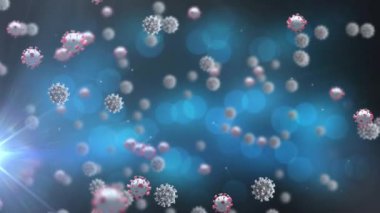 Mavi arkaplanda birden fazla ışık noktasının üzerinde yüzen kovid 19 hücrenin animasyonu. küresel koronavirüs salgını ve dijital olarak üretilen sağlık konsepti.