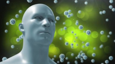 Animation of multiple covid 19 cells floating around human head on green background. global coronavirus pandemic concept digitally generated video.