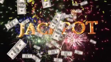 Konfeti animasyonu ve piyango mesajı ve havai fişeklerin üzerine düşen Amerikan dolarları. finans, kazanma ve kumar konsepti dijital olarak oluşturulmuş video.