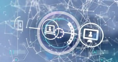 Digital icons and network of connections against round scanner on blue background. global networking and computing technology concept