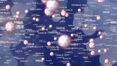 Mavi arkaplanda mavi ışık lekeleri üzerinde süzülen covid 19 metin ve hücrenin animasyonu. küresel koronavirüs salgını konsepti dijital olarak oluşturulmuş video.