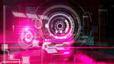 Yuvarlak tarayıcı ve pembe arka planda veri işleme ile dijital arayüz. bilgisayar arayüzü ve hesaplama teknolojisi kavramı