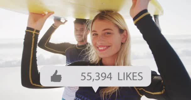 Icons Increasing Numbers Caucasian Couple Carrying Surfboard Beach Social Media — ストック動画