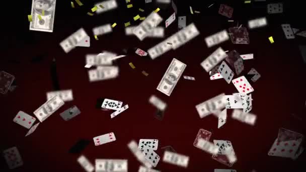 Animation Confetti Playing Cards American Dollar Bills Falling Red Background — Stock Video