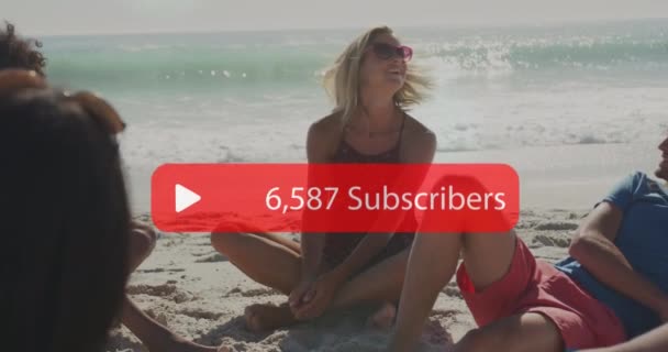 Animation Speech Bubble Subscribers Text Numbers Friends Beach Digital Interface — Vídeo de Stock
