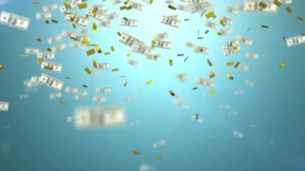五彩纸屑和美圆钞票在蓝色背景下的动画 赢利性和赌博概念数码视频 — 图库视频影像