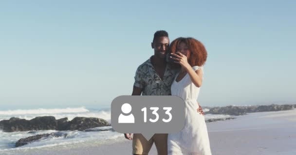 Profile Icons Increasing Numbers African American Couple Taking Selfie Beach — ストック動画