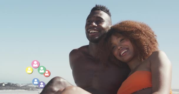 Animation Social Media People Icons Smiling Couple Love Beach Digital — Stock video