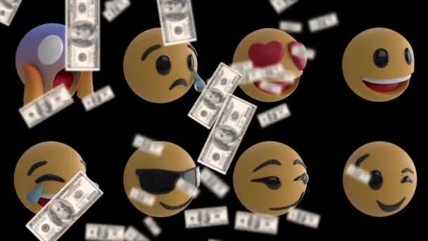 Animação Notas Dólar Americano Caindo Sobre Emojis Fundo Preto Mídia — Vídeo de Stock