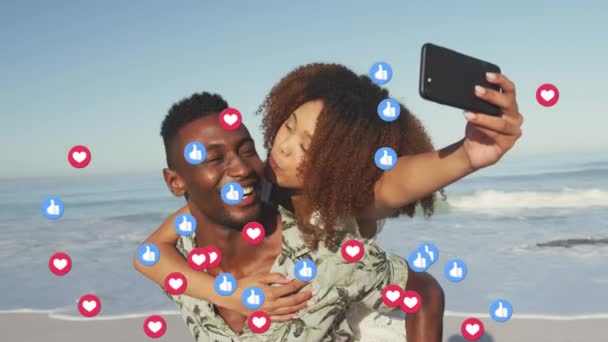 Animation Red Heart Love Digital Icons Smiling Couple Taking Selfie — Vídeo de stock