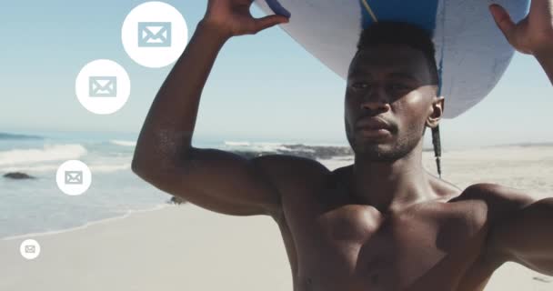 Multiple Message Icons Floating African American Man Carrying Surfboard Beach — Stockvideo