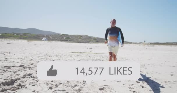 Animation Speech Bubble Thumbs Icon Numbers Man Running Surfboard Beach — Stock Video