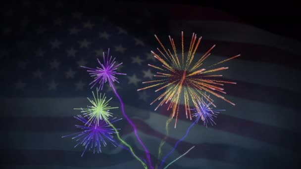 Animation Feux Artifice Explosant Dessus Drapeau Américain Agitant Usa Patriotisme — Video