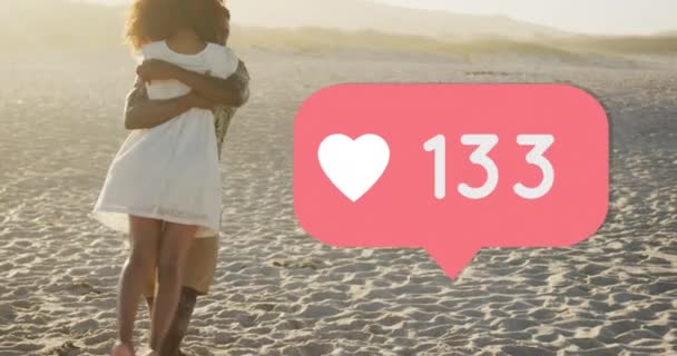 Heart Icon Increasing Numbers African American Couple Hugging Each Other — Vídeo de Stock