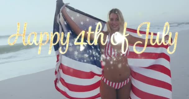 Happy 4Th July Text Caucasian Woman Wrapping American Her Beach — Video Stock