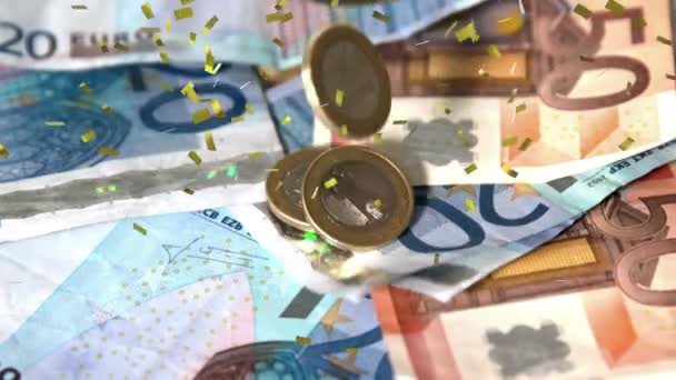Animação Confetes Moedas Euro Caindo Sobre Notas Euro Segundo Plano — Vídeo de Stock