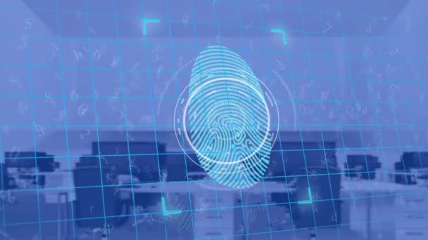 Animation Biometric Fingerprint Scope Scanning Empty Office Digital Interface Global — Vídeo de stock