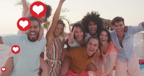 Animation Social Media Heart Icons Portrait Smiling Friends Beach Digital — Stockvideo