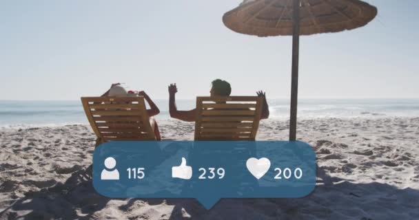 Animation People Thumbs Heart Icons Numbers Couple Deckchairs Beach Digital — Video Stock
