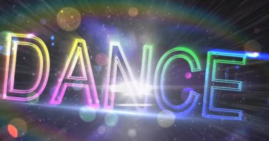 Renkli neon dans metninin dijital animasyonu koyu arkaplandaki ışık lekesine karşı. dans ve sanat konsepti