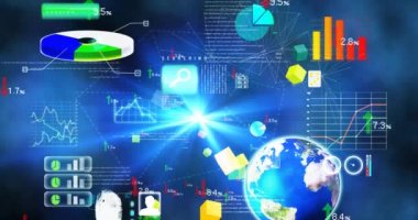 Mavi arka planda finansal veri işleme dijital animasyonu. küresel finans ve bilgisayar teknolojisi kavramı