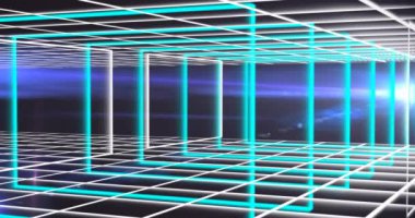 Neon kare şekillerin dijital animasyonu mavi arkaplan ile ızgara ağı üzerinde. dijital arayüz ve teknoloji kavramı
