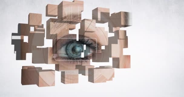 灰色の背景を持つ女性の目の近くに複数の木製のブロック サイバーセキュリティとテクノロジーの概念 — ストック動画