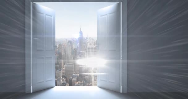 Pencereden Şehrin Manzarasına Karşı Parlak Bir Işık Noktası Teknoloji Kavramı — Stok video