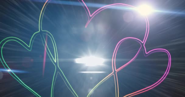 Digitale Animation Eines Hellen Lichtpunktes Gegen Neonherzen Vor Dunklem Hintergrund — Stockvideo