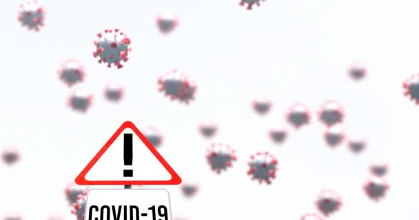白の背景にCovid 19細胞に対するCovid 19テキストと警告看板のデジタルアニメーション コロナウイルスCovid 19パンデミックの概念 — ストック動画
