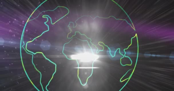 紫色の背景を背景に 地球上の明るい光のスポットのデジタルアニメーション 世界的なネットワーキングとテクノロジーの概念 — ストック動画