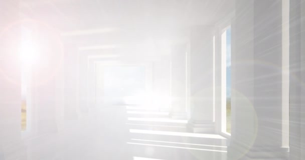 数字动画 明亮的光斑映衬着空旷走廊中的白色柱子 抽象模糊的背景概念 — 图库视频影像