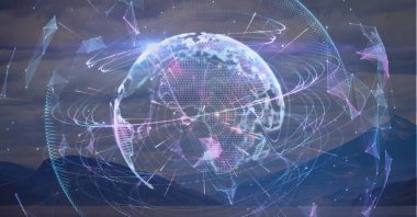 Mavi arkaplandaki dünya üzerindeki bağlantı ağının bileşimi. küresel teknoloji, iş, bağlantı, iletişim ve ağ konsepti dijital olarak oluşturulmuş görüntü.