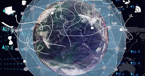 Composición Red Conexiones Sobre Globo Sobre Fondo Azul Tecnología Global — Foto de Stock