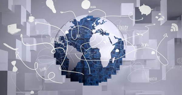 Skład Sieci Połączeń Ikonami Globie Szarym Tle Globalna Technologia Biznes — Zdjęcie stockowe