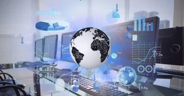 Composition of financial data processing over globe over computer screens. global technology, business, connection, communication and networking concept digitally generated image.