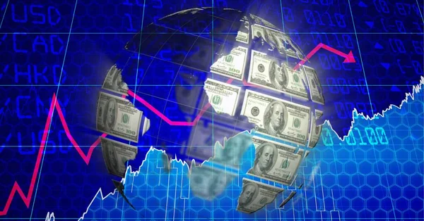 Composition of financial data processing over globe formed with american dollar bills. global technology, business, connection, communication and networking concept digitally generated image.