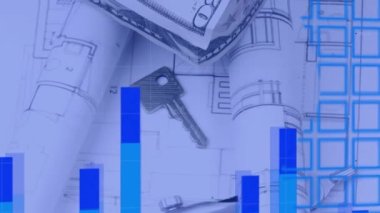 Amerikan dolarları ve dünya haritasından yapılmış evin üzerindeki finansal veri işleme animasyonu. küresel finans ve iş konsepti dijital olarak oluşturulmuş video.