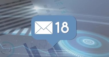 Posta simgesi ve sayılarla konuşma baloncuğu animasyonu, istatistik kaydı ve veri işleme. dijital arayüz, küresel teknoloji, bağlantı ve iletişim konsepti dijital olarak oluşturulmuş video.