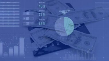 Hesap makinesinde dönen Amerikan dolarları üzerinden finansal veri işleme animasyonu. küresel finans ve iş konsepti dijital olarak oluşturulmuş video.