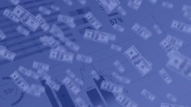 Finansal veri işleme üzerine düşen Amerikan dolarlarının animasyonu. küresel finans ve iş konsepti dijital olarak oluşturulmuş video.