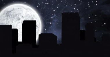 Gece gökyüzündeki yıldızlara ve aya karşı yüksek binaların siluetinin dijital animasyonu. yaratıcı illüstrasyon