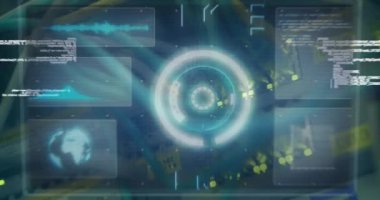 Bilgisayar sunucusunun kapsama alanı taraması ve veri işlemesi ile ekranın animasyonu. dijital arayüz, küresel teknoloji, bağlantı ve iletişim konsepti dijital olarak oluşturulmuş video.