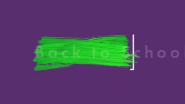 Okula dönüş metninin canlandırması. Mor arka planda siyah lekeler olan yeşil fırça darbesi. renk ve hareket kavramı dijital olarak oluşturulmuş video.