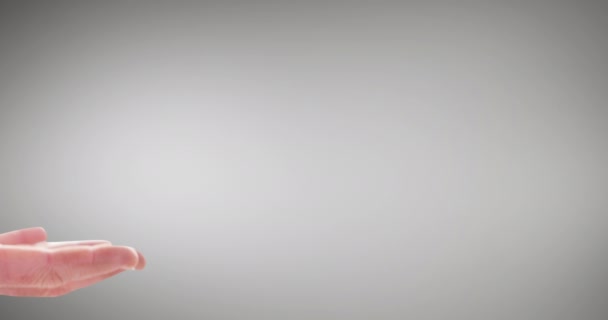 Рука Бізнесмена Долонею Одягнена Сірий Костюм Сірому Фоні Глобальне Єднання — стокове відео